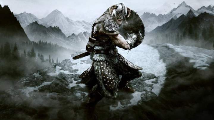 Character wielding shield in The Elder Scrolls V: Skyrim.