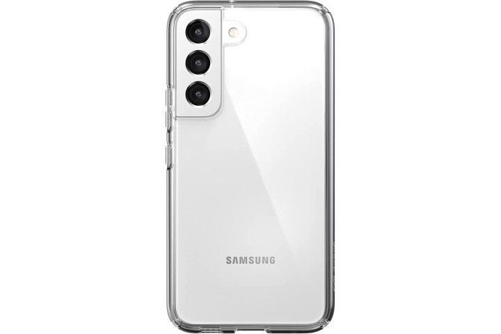 The Samsung Galaxy S22 Ultra with Speck's Presidio Perfect Clear Case, showing off the slim protection.