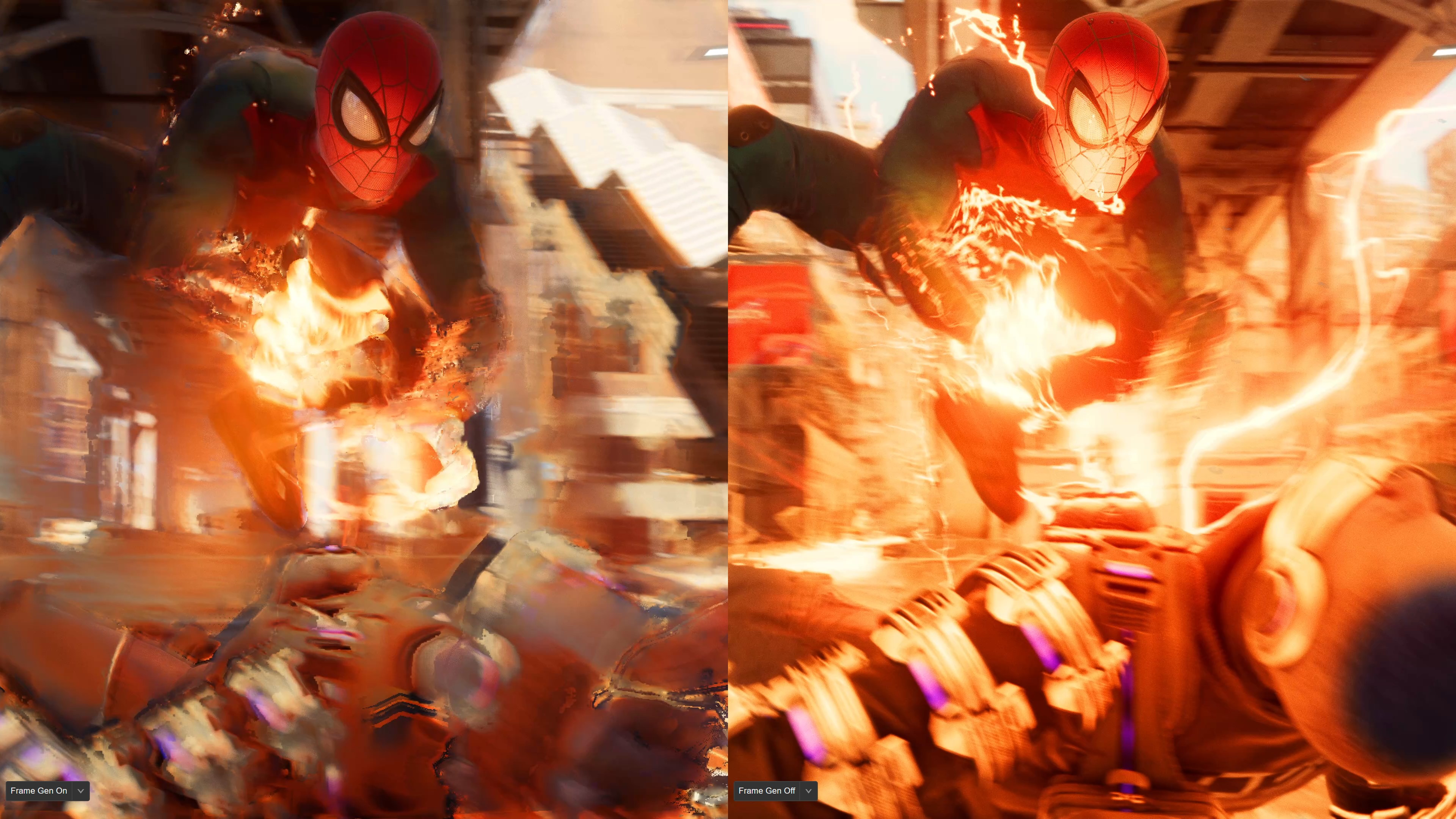 Uma comparação de quadros AI em Spider-Man Miles Morales.