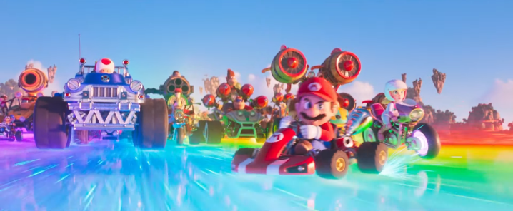 Mario and his friends race down Rainbow Road in The Super Mario Bros. Movie.