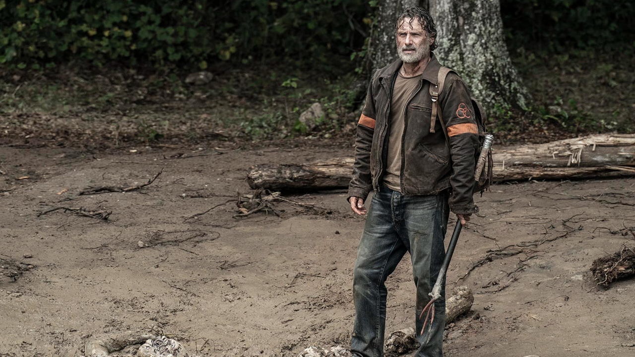 Rick do lado de fora vestindo uma jaqueta CRM em The Walking Dead.