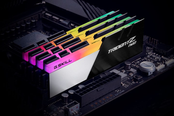 The G.Skill Trident Z Neo memory seated on a motherboard.