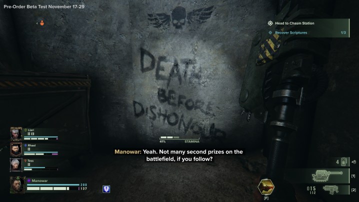 A wall reading "Death before Dishonor" in Warhammer 40K Darktide.