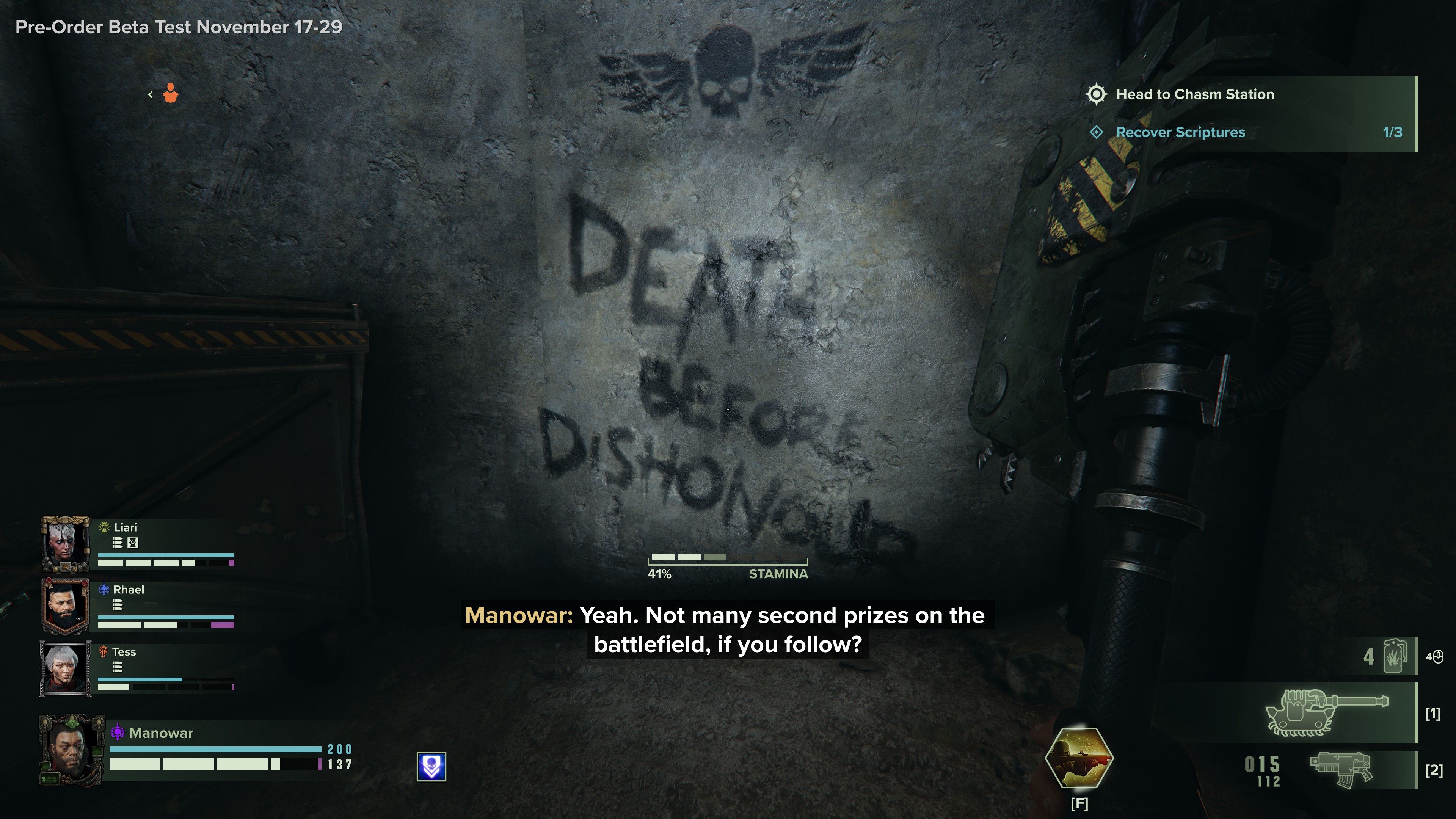 Una lectura de pared "Muerte antes del deshonor" en Warhammer 40K Marea Oscura.