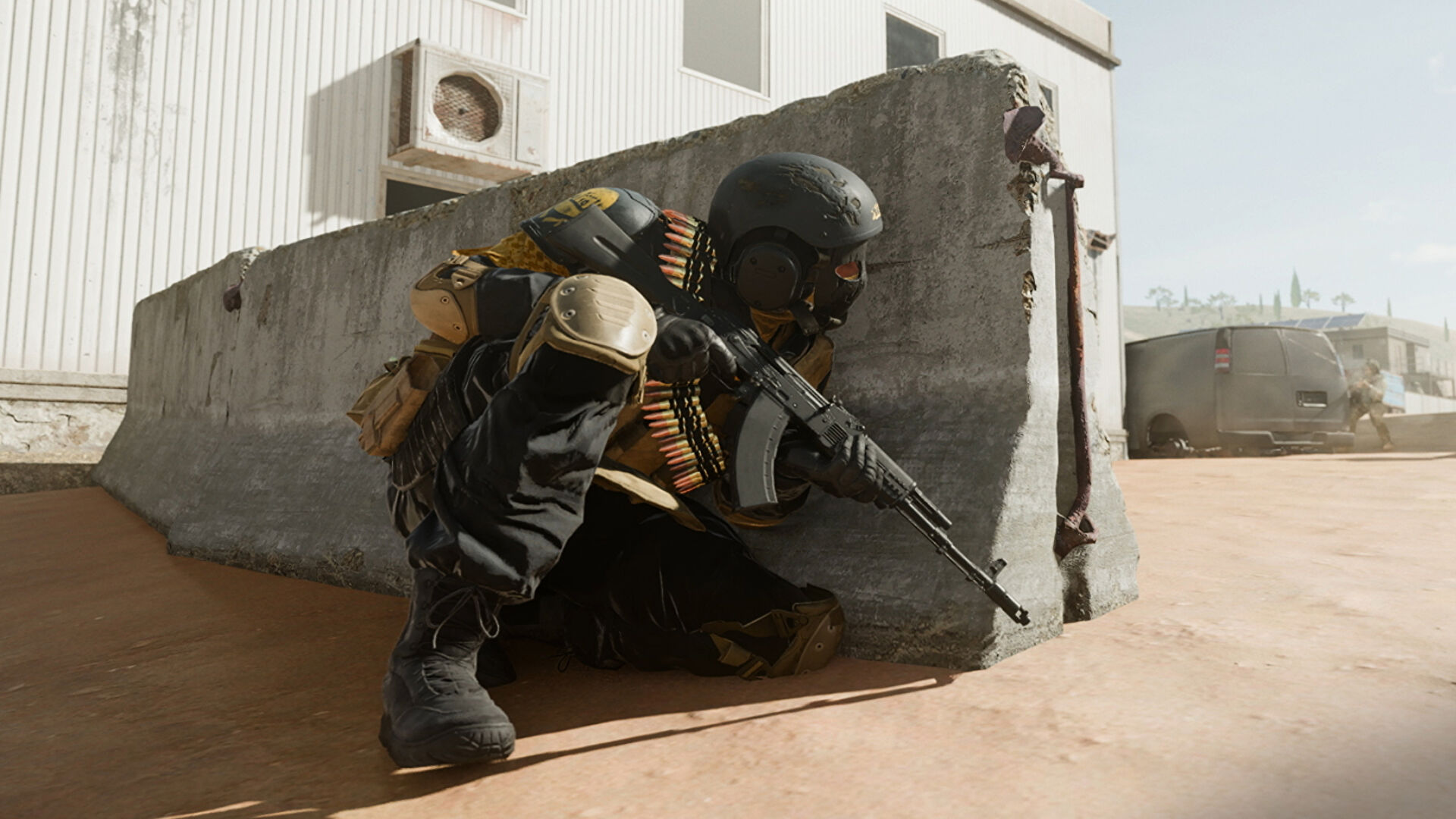 Player crouching behind cover in Warzone 2.0.