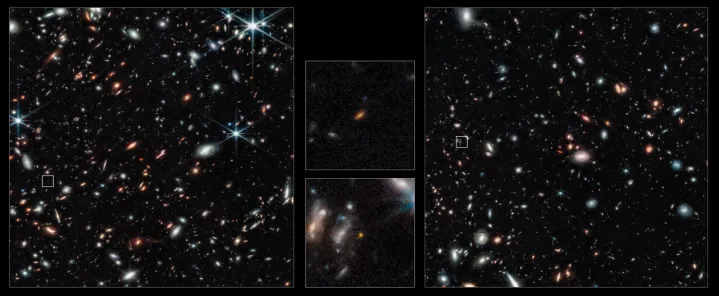 Two of the most distant galaxies seen to date are captured in these Webb pictures of the outer regions of the giant galaxy cluster Abell 2744. The galaxies are not inside the cluster, but many billions of light-years behind it. 