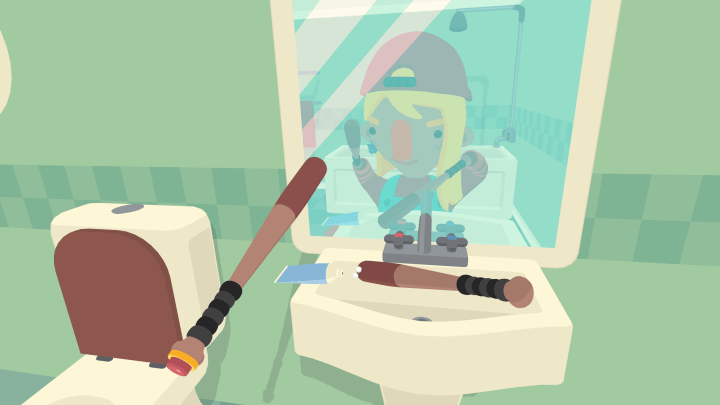 A character prepares to brush their teeth with a baseball bat in What the Bat?