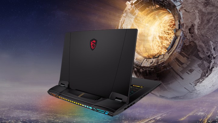 MSI's Titan GT77 HX 13V laptop on a futuristic, space-themed background.
