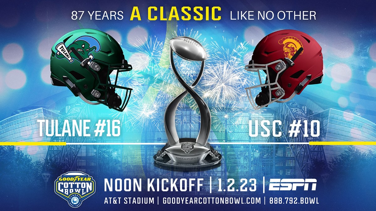 Logotipos de casco Tulane y casco USC para el Cotton Bowl 2023.