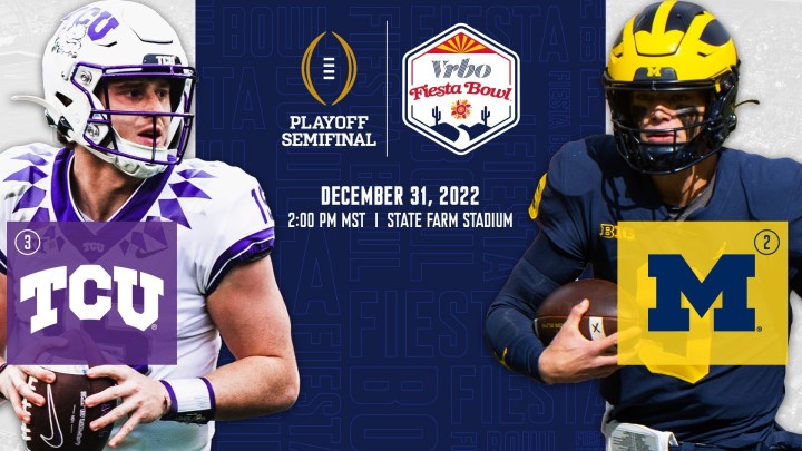 Two players hold footballs on the 2022 Fiesta Bowl poster.