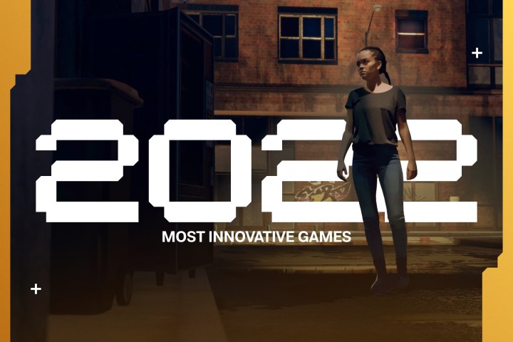 A video game character standing in front of text that says 2022 Most Innovative Games.