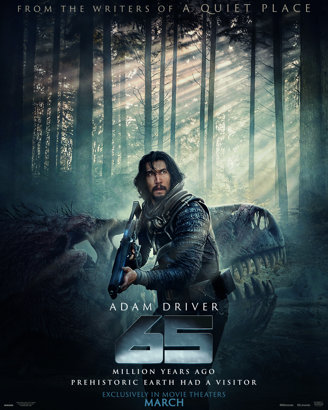 Adam Driver holds a gun in front of a dinosaur in 65. 