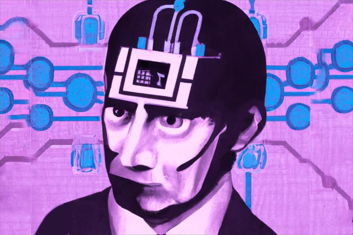 Una creazione Dall-E di un poster di un film degli anni '60 se un uomo con un cervello da computer.