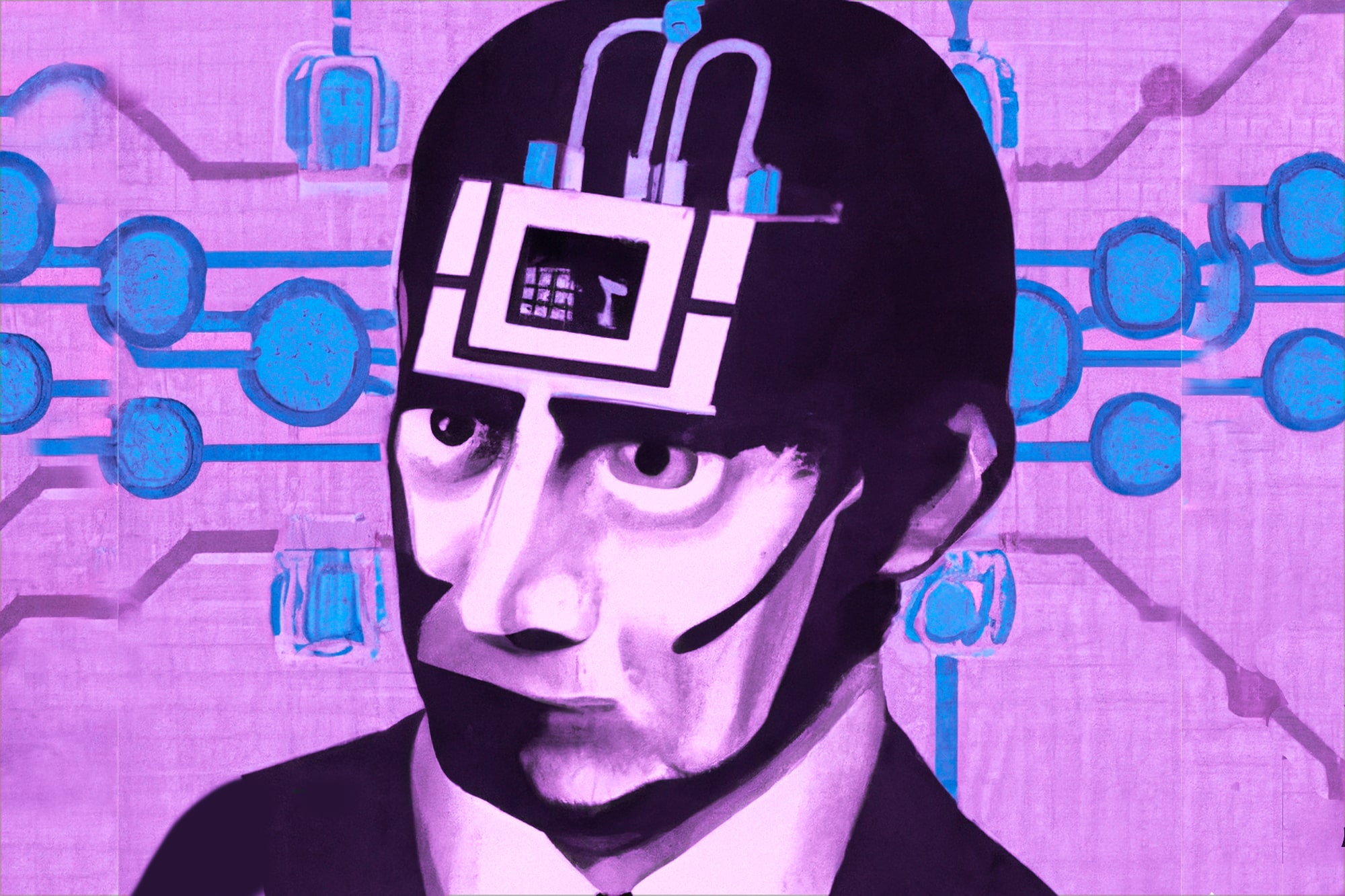 Una creación de Dall-E de un póster de película de la década de 1960 si un hombre con un cerebro de computadora.