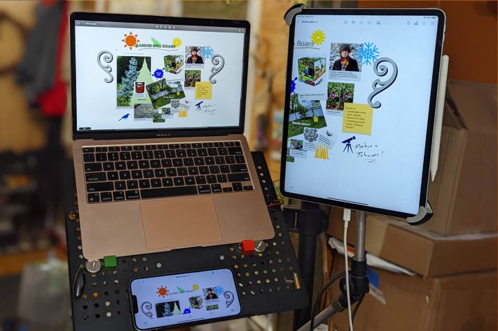 A MacBook Air, iPad Pro 12.9-inch, and iPhone 13 Pro Max with the same Freeform board.