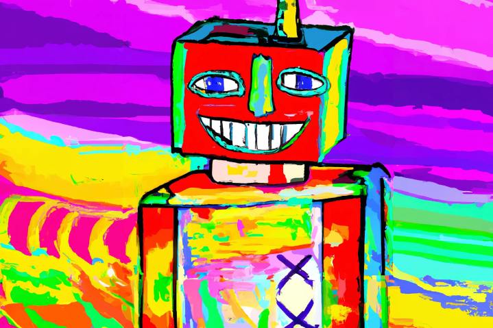 Un dipinto a colori di un robot che ride, generato da Dall-E.