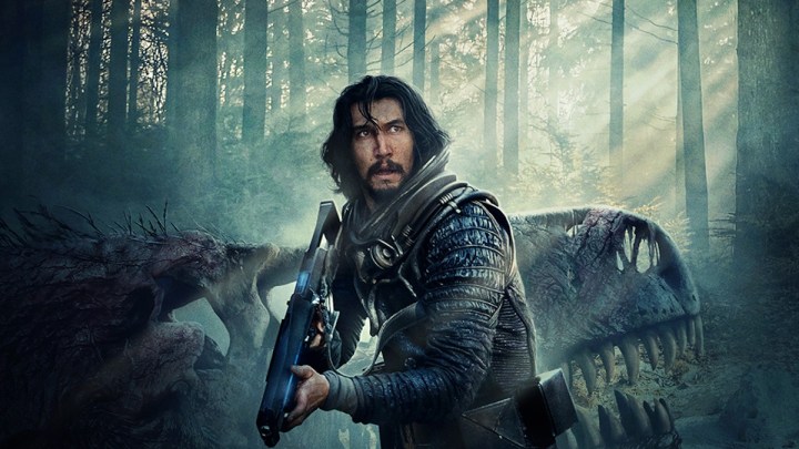 Adam Driver holds a gun on a poster for 65.