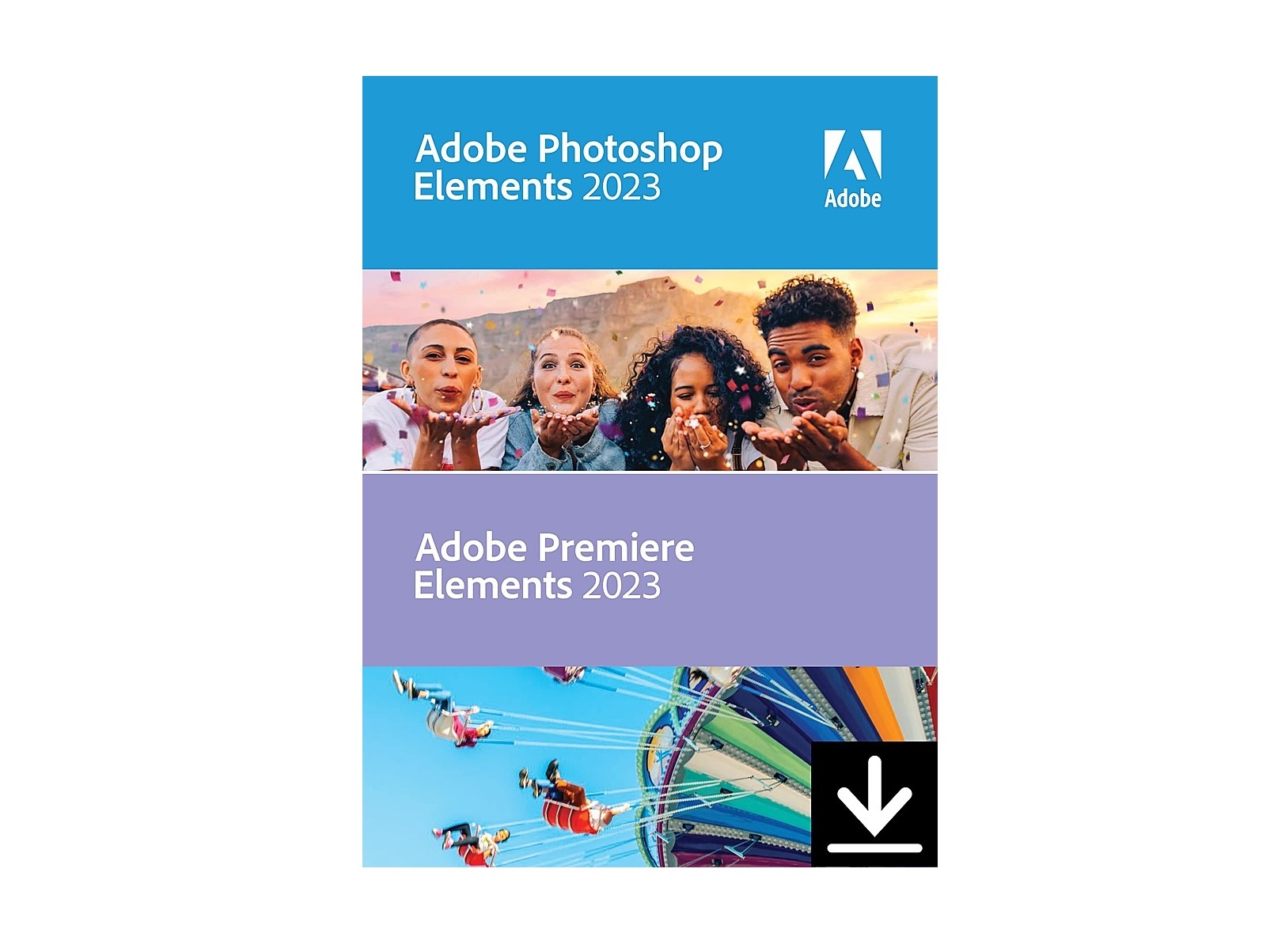 Arte da caixa do pacote Adobe Photoshop Elements 2023 e Premiere Elements 2023