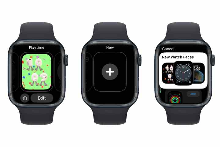 Three Apple Watches showing steps to add a new watch face.