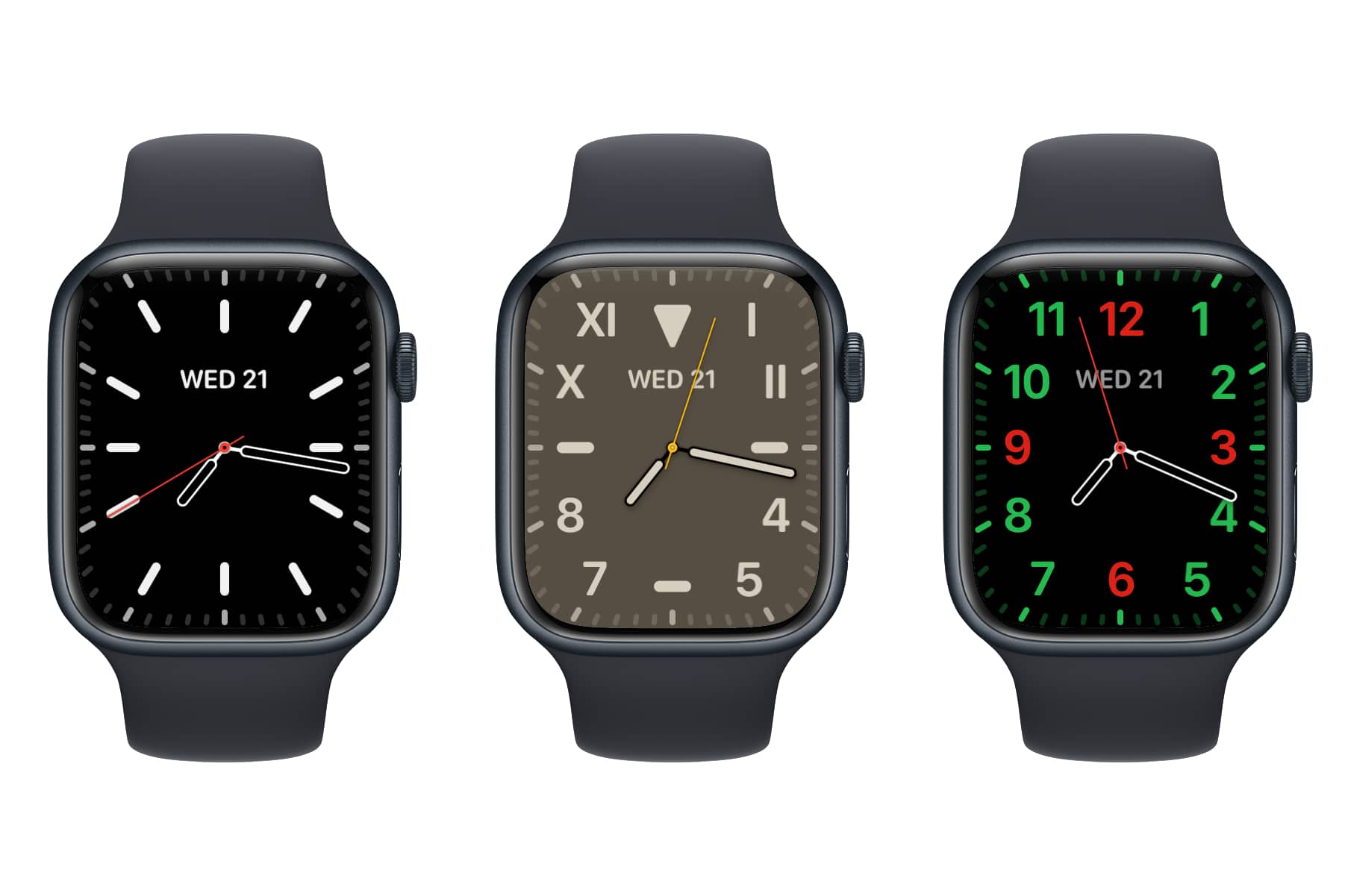 Three Apple Watches showing California watch faces.