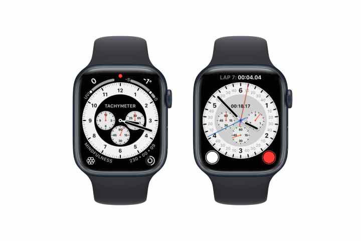 Two Apple Watches showing Chronograph Pro watch face.
