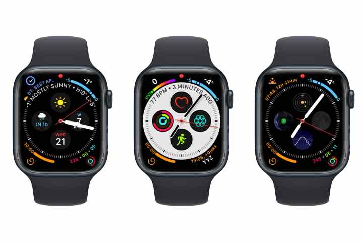Three Apple Watches showing Infograph watch faces.