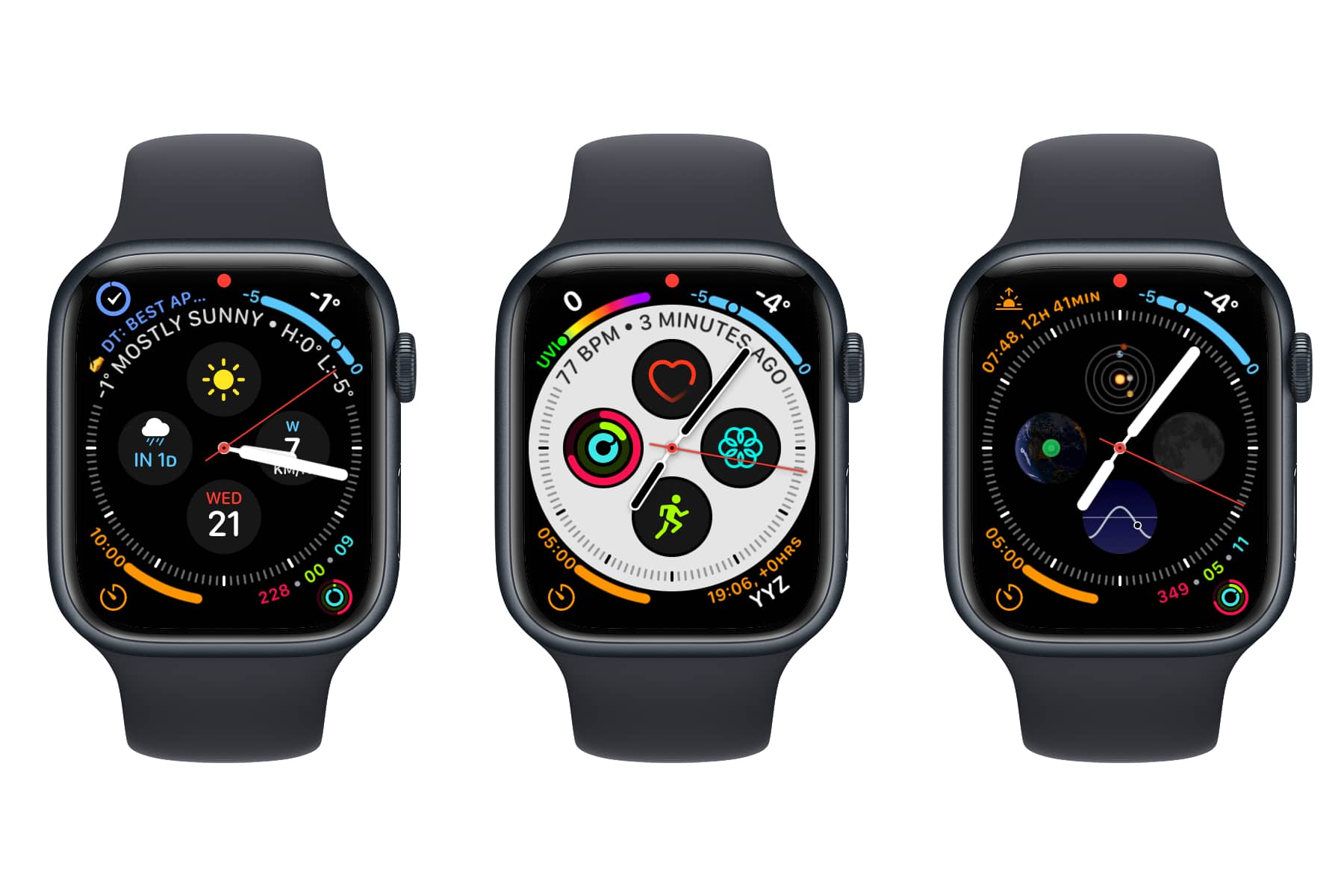 Three Apple Watches showing Infograph watch faces.