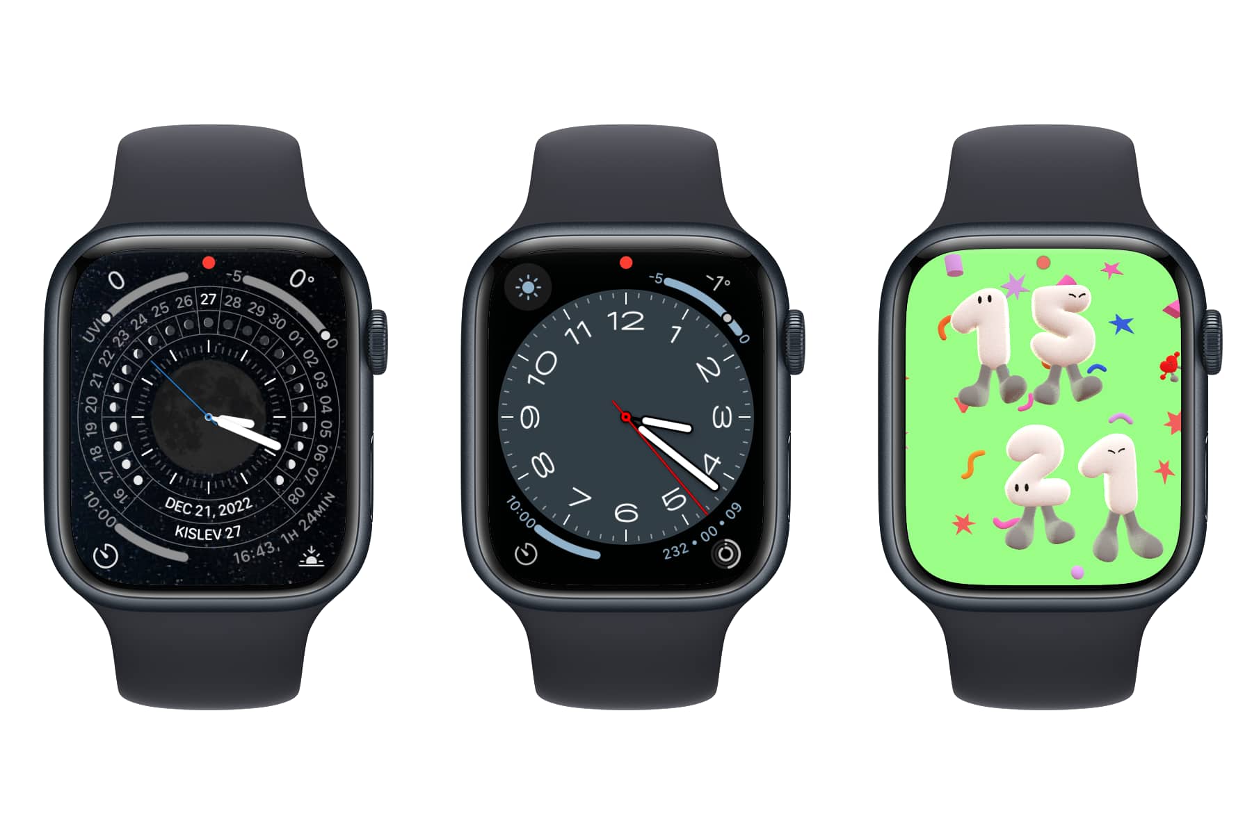 Three Apple Watches showing Lunar, Metropolitan, and Playtime Watch Faces.