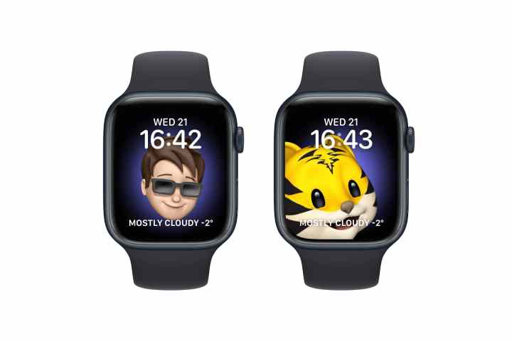 Three Apple Watches showing Memoji watch faces.