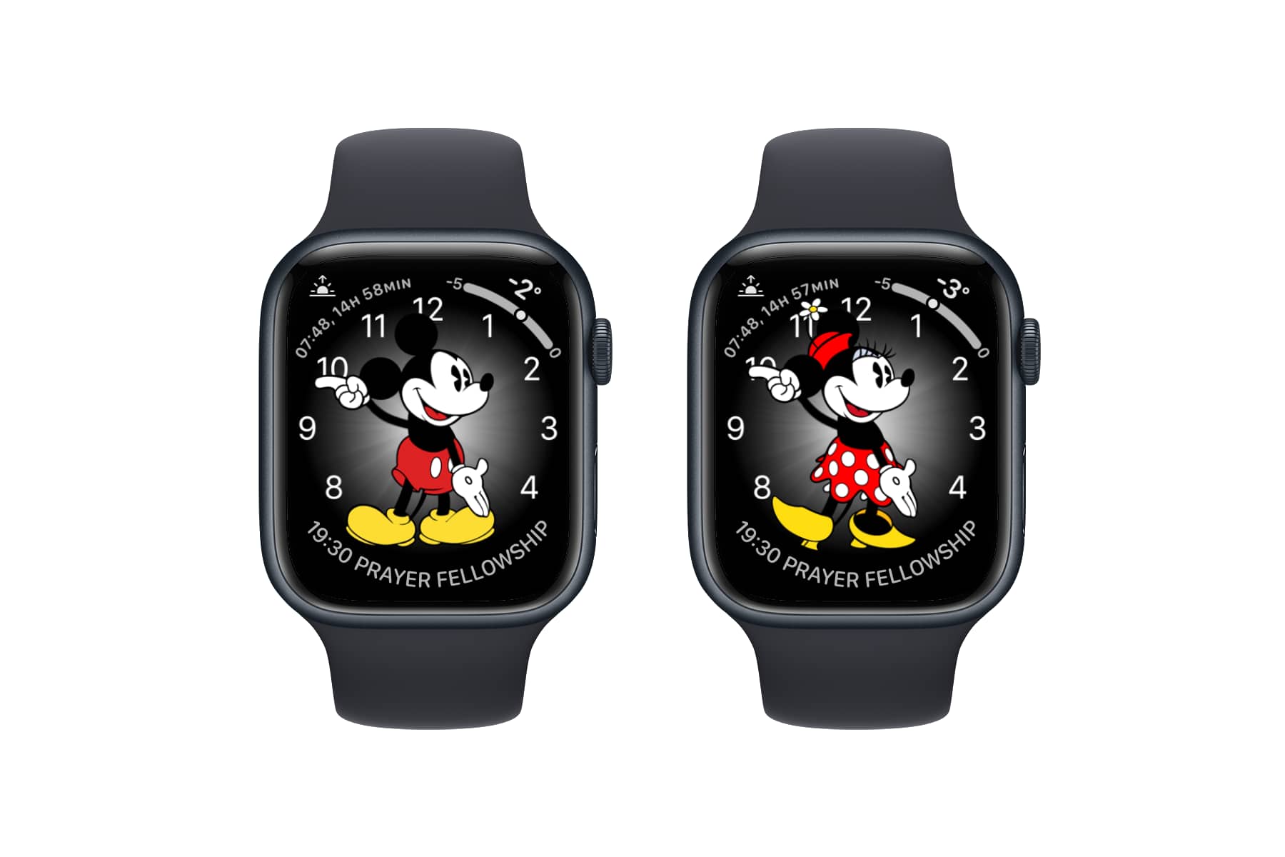 Three Apple Watches showing Mickey Mouse and Minnie Mouse watch faces.