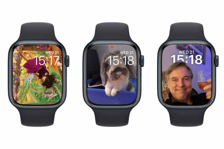 Three Apple Watches showing Photo and Portrait watch faces.