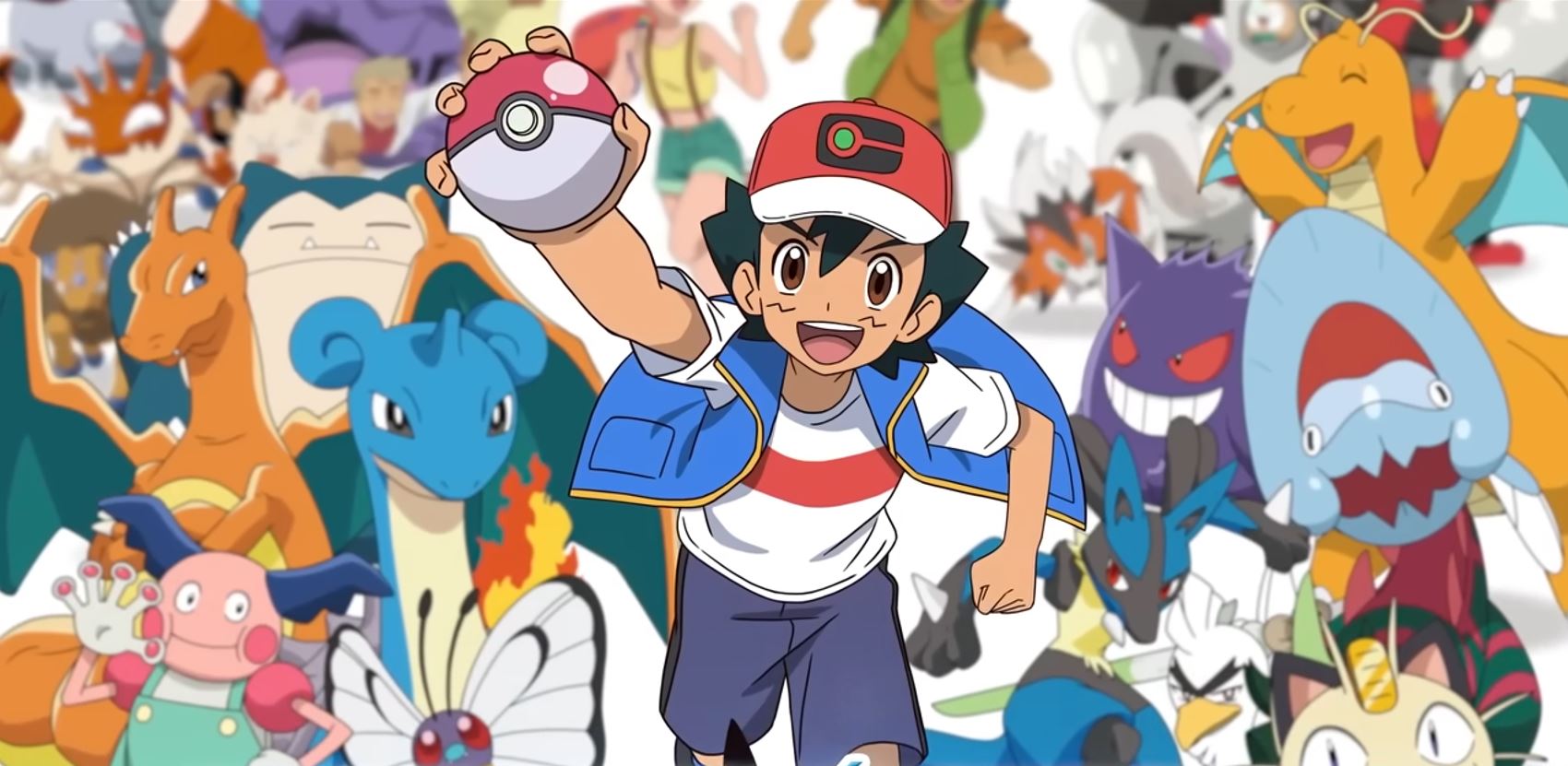 Ash segura uma Pokébola enquanto muitos Pokémons icônicos estão atrás dele.
