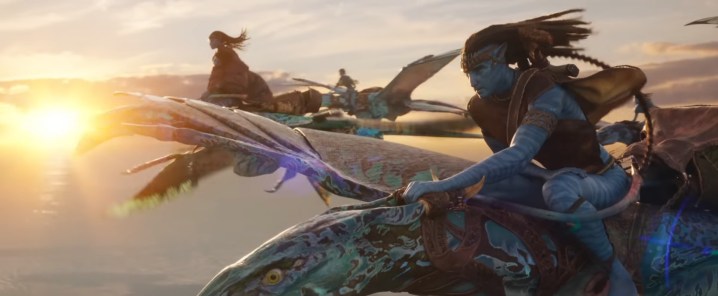 Jake y su familia vuelan en banshees "Avatar: El Camino del Agua."