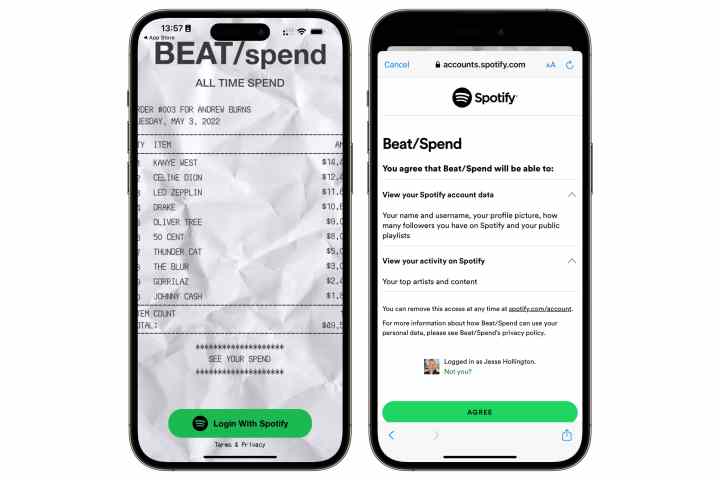 Beatspend login screens on iPhone.