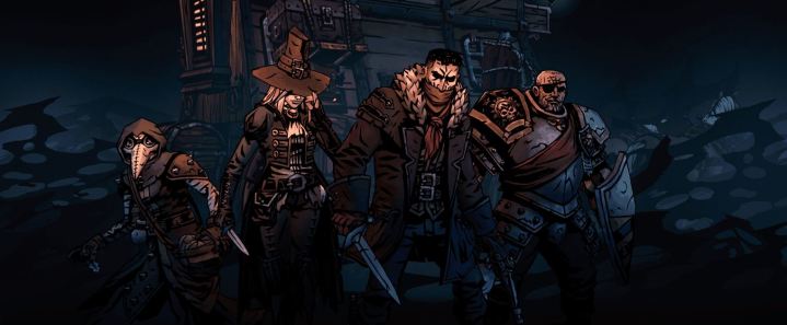 Four heroes stand next to each other in Darkest Dungeon 2 key art.