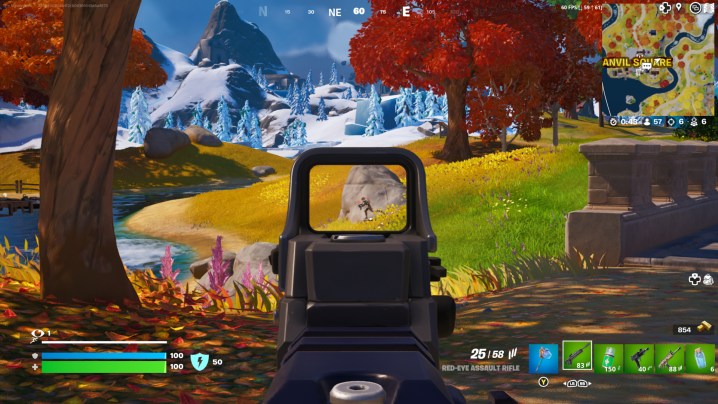 Character aiming down sights in Fortnite.