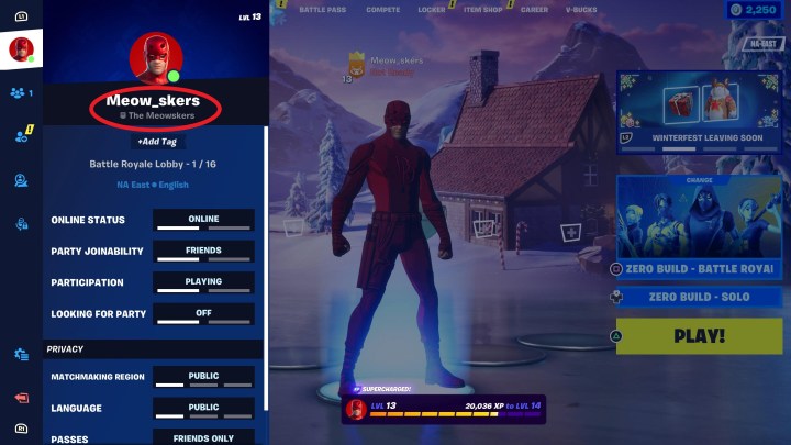 Menu with Epic Games account in Fortnite.