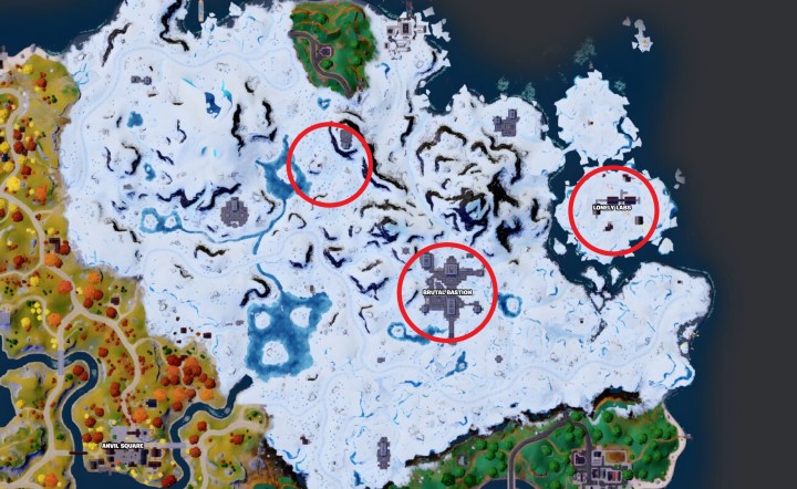 Mapa de la misión Bolas de nieve gigantes en Fortnite.