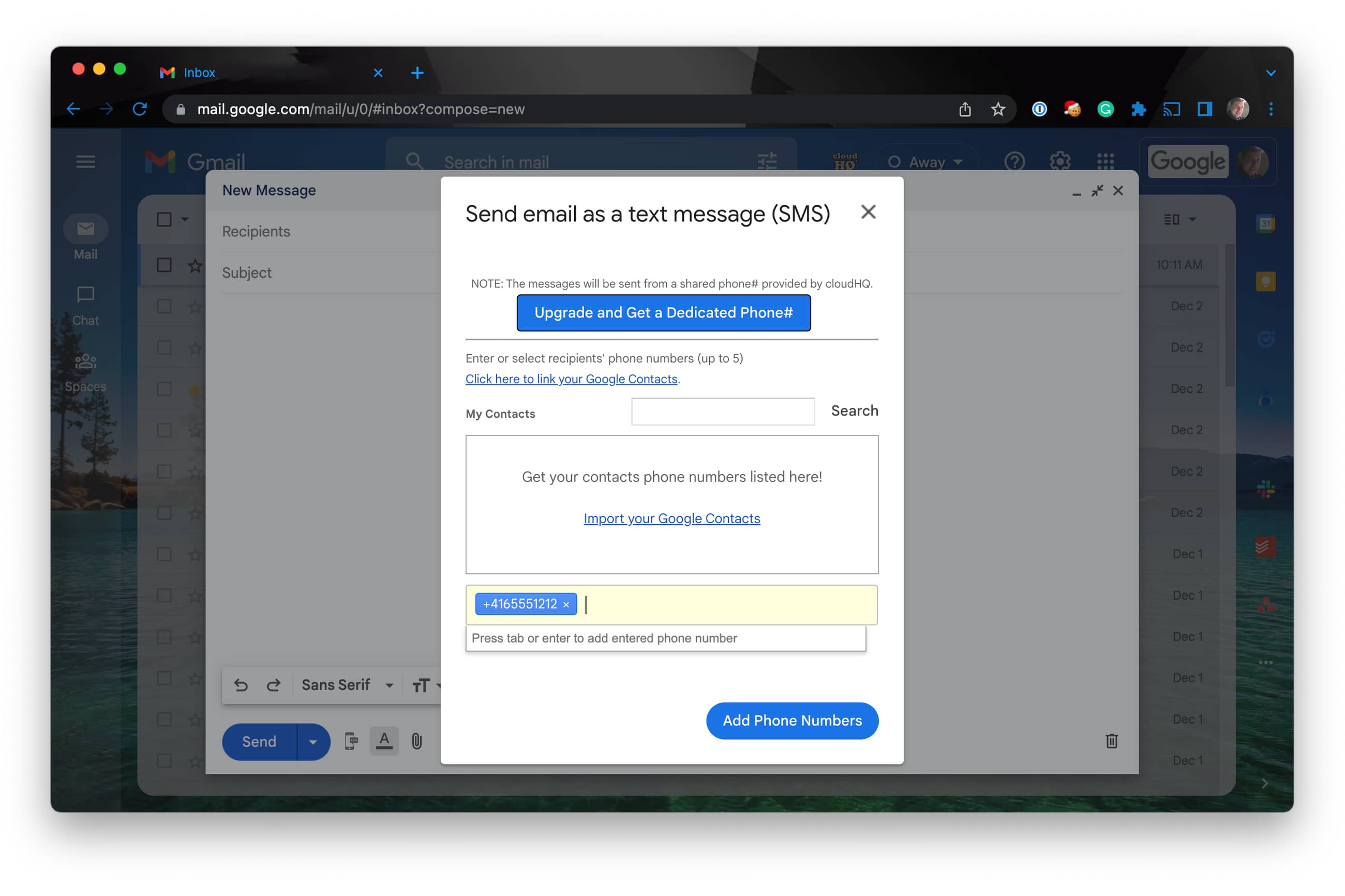 CloudHQ Chrome Gmail Extension para enviar mensagens de e-mail via SMS.