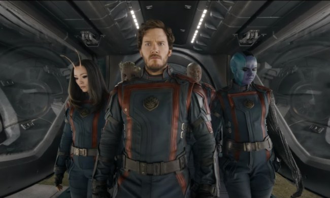 Star-Lord leads the Guardians of the Galaxy as they walk out of a spaceship in Guardians of the Galaxy Vol. 3