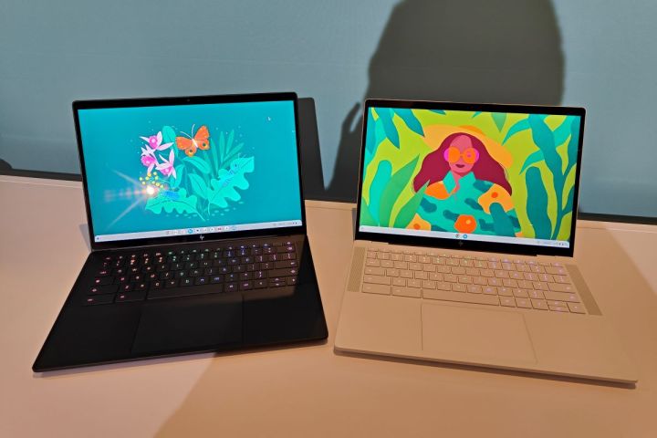 The HP Dragonfly Pro Chromebook in black and white color options.