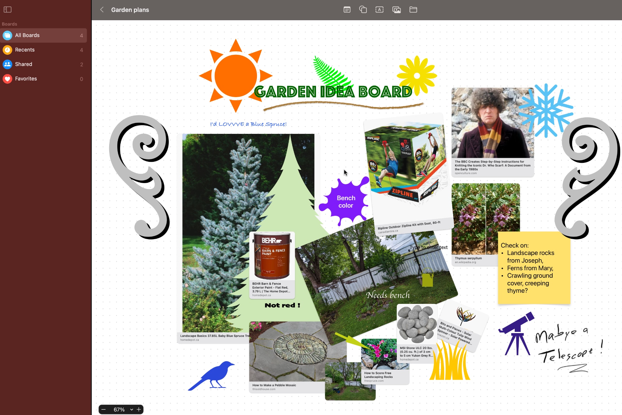 Aqui está o meu quadro de ideias de jardim finalizado que fiz com o Apple Freeform