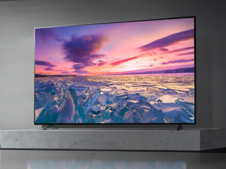 The LG UQ7070 ZUE Series 4K TV with an icy landscape on the screen.