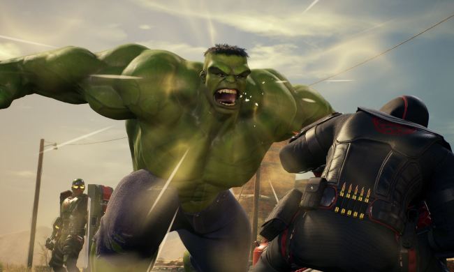 Hulk shouts at an enemy in Marvel's Midnight Suns.