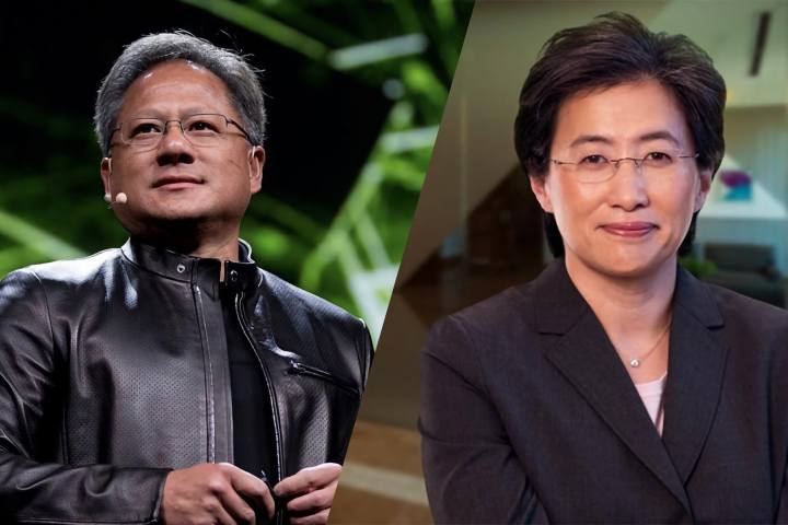 Nvidia and AMD CEOs are shown side-by-side in a split-screen view.