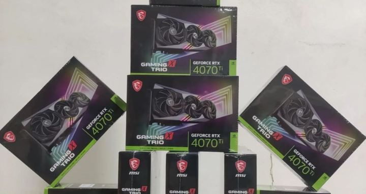 MSI GeForce RTX 4070 Ti graphics card boxes stacked on top of each other.