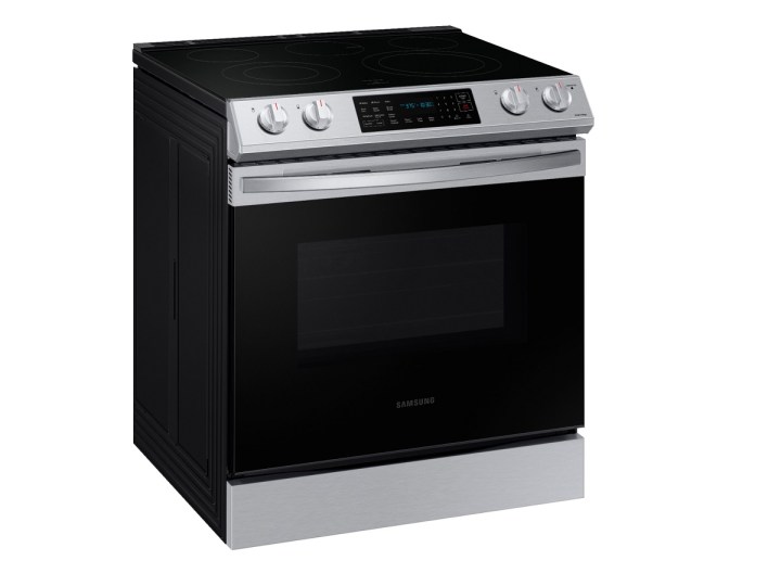 The Samsung 6.3 cu. ft. Front Control Slide-in Electric Range with Wi-Fi on a white background.