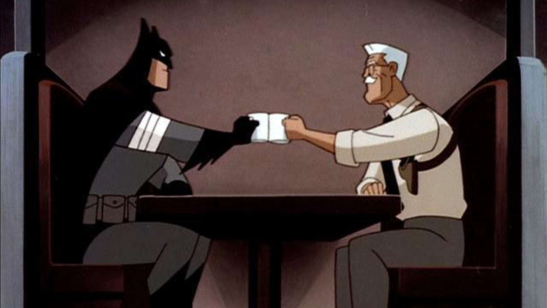 Batman e Gordon tomando café em Holiday Knights.