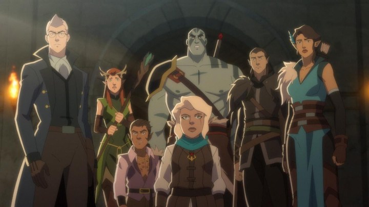 Un grupo de personajes animados se paran uno al lado del otro en una escena de The Legend of Vox Machina.