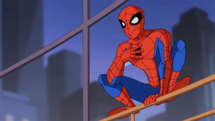 Spidey on a perch in The Spectacular Spider-Man.